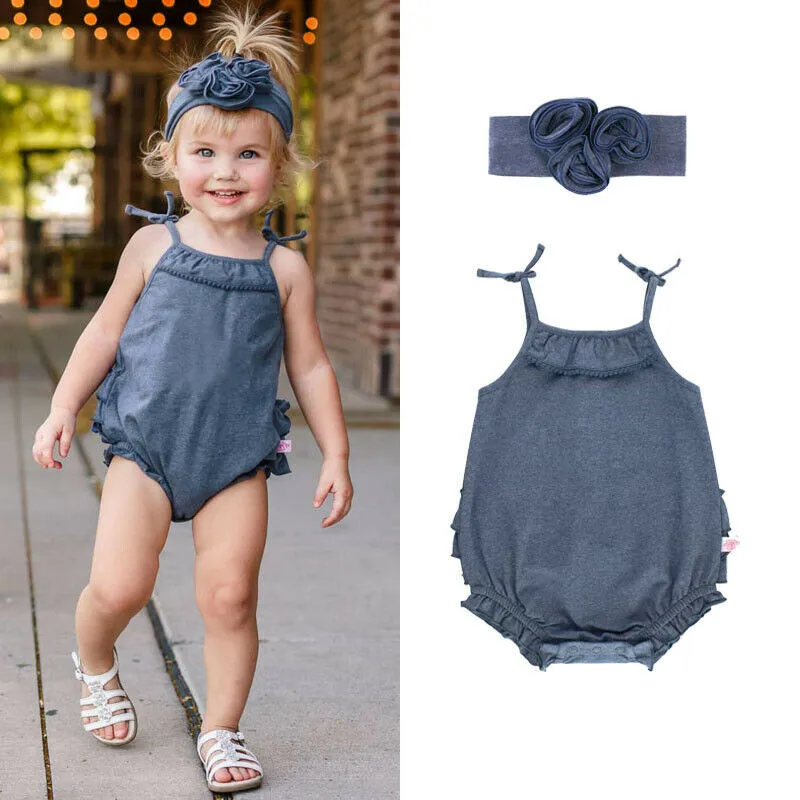 Baby Girl Bodysuits 2Pcs Newborn Girls Bodysuit Jumpsuit Headband Outfit Sunsuit Clothes Cotton O-neck Sleeveless | Мать и ребенок