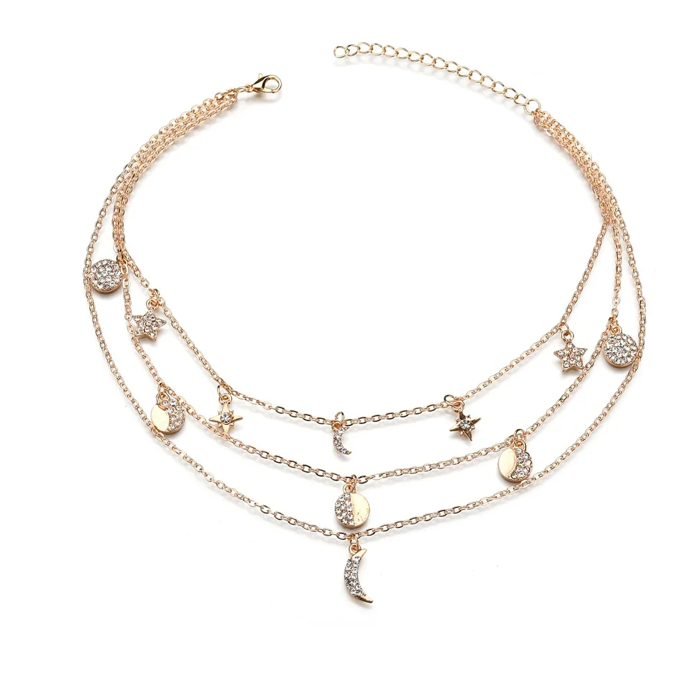 Женское колье чокер 3 слоя цепочки подвеска Звезда Луна со стразами 2019|Колье| |