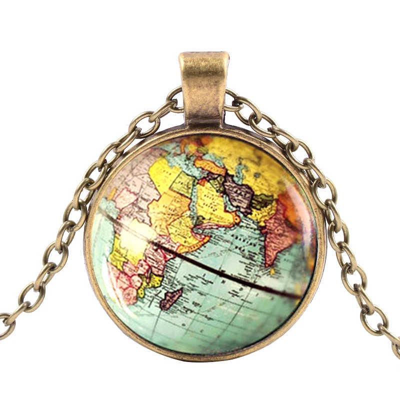 Vintage World Map Cabochon Tibetan Silver Plated Glass Chain Pendant Necklace | Украшения и аксессуары