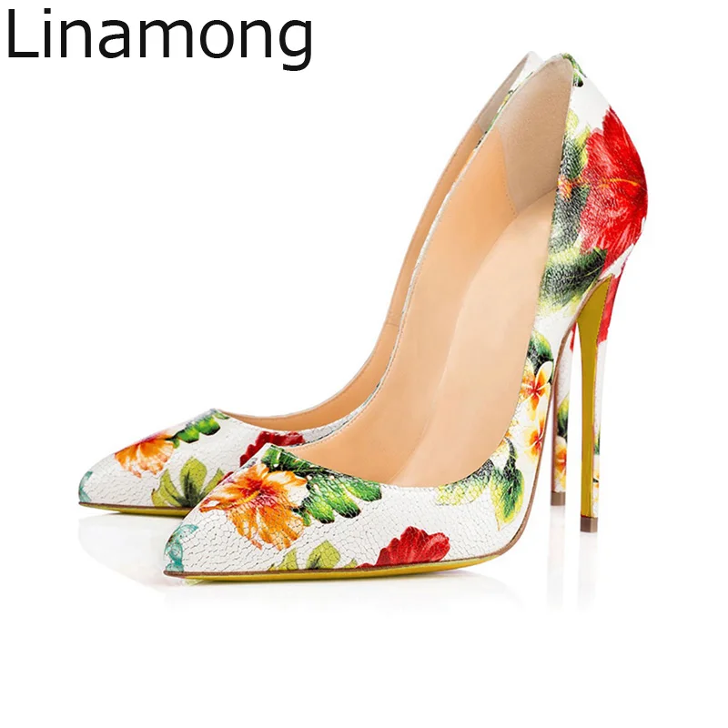 

2018 New Sexy Women Beauty Floral Printed Leather Pointed Toe Pumps Ladies Party Dress High Heels Shoes Spring Flower Stilettos