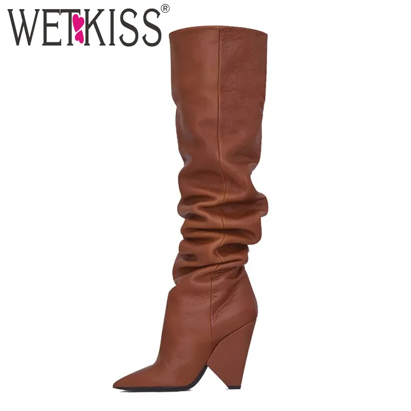 WETKISS/необычные женские сапоги на высоком каблуке из искусственной кожи; обувь с острым носком; плиссированные сапоги; Женские Сапоги выше колена; Новинка года; сезон зима