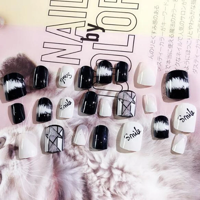 24 шт./компл. черно белый модный дизайн ногтей короткие накладные ногти Гель лак