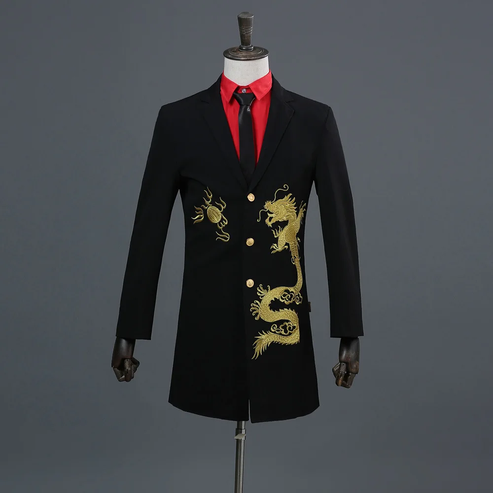 

High Quality Chinese Style Black Long Setion Gold Dragon Embroidery Suit Jacket DJ Stage Singer Blazer Design Costumes For Men