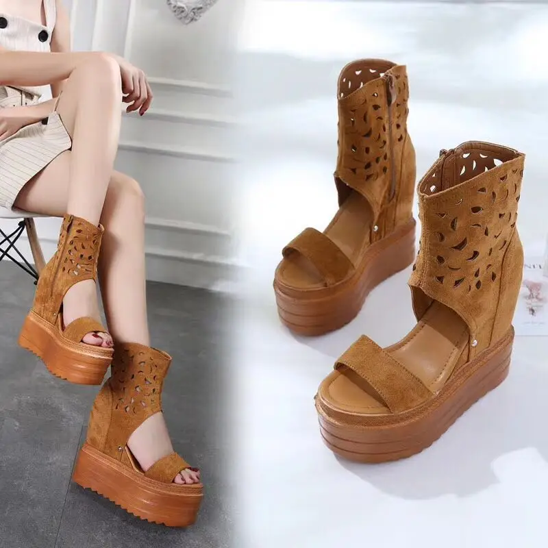 Женские босоножки на танкетке 13 см открытые сандалии с круглым носком в