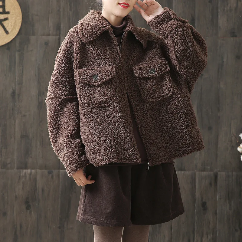 Loose Korean Lamb Fur Thick Warm Vintage Casual Winter Coat Women Tops Short Jacket Female Outerwaear Retro Woman Clothes QH416 | Женская