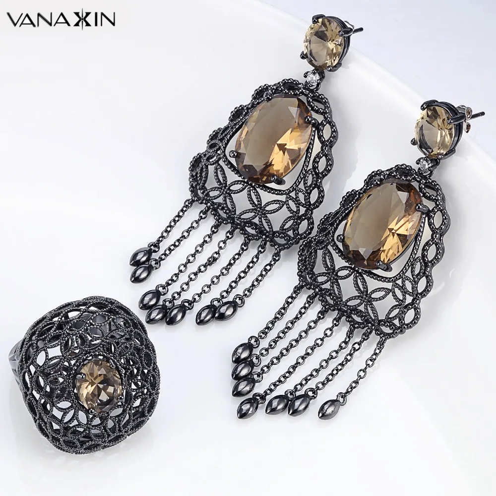 VANAXIN кофе кубического циркония набор украшений для женщин серьги и кольцо шармы
