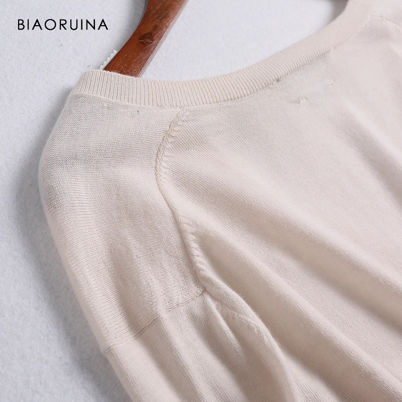 BIAORUINA Women Chic Merino Wool Thin Knitted Sweater Ddep V-neck Elegant Women's Solid Pullover Female Casual Sweaters | Женская