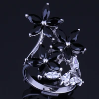 unusual plant black cubic zirconia silver plated ring v0096