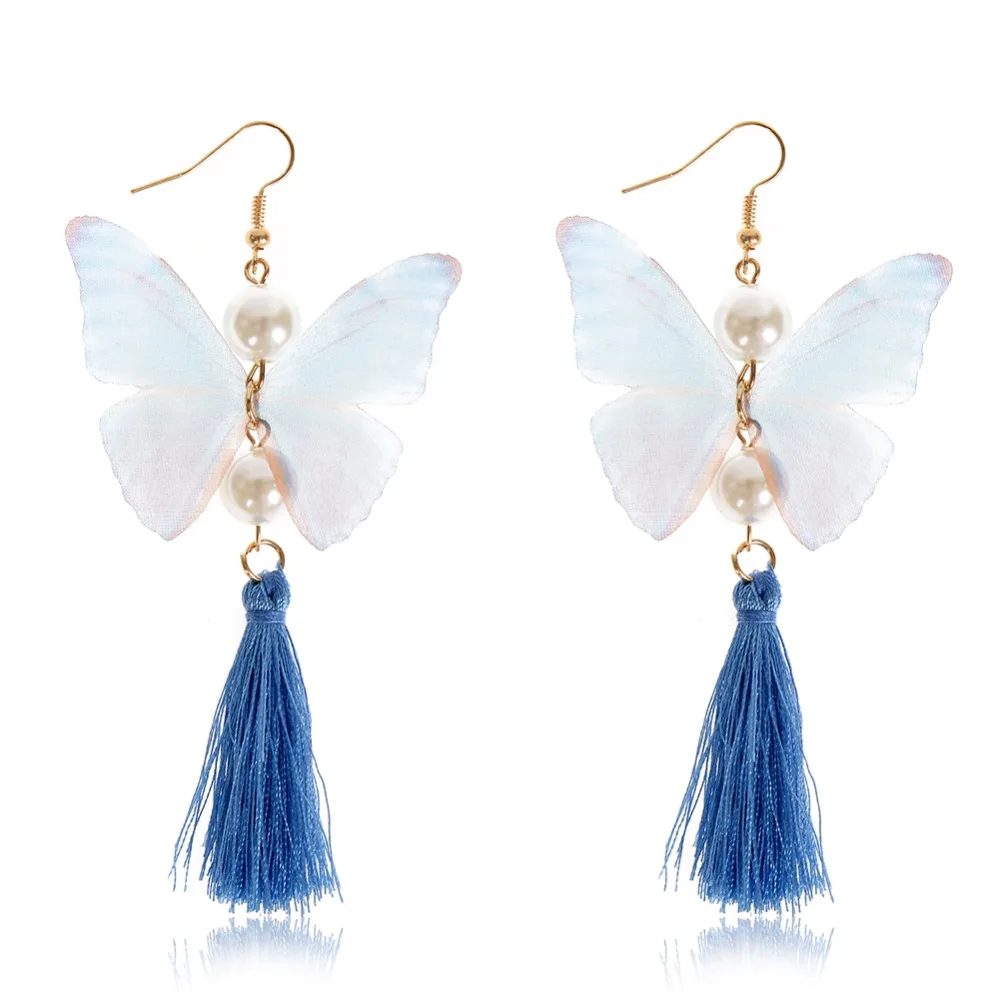 Богемный Стиль бабочка Серьги золото-Цвет длинная цепь с имитацией жемчуга