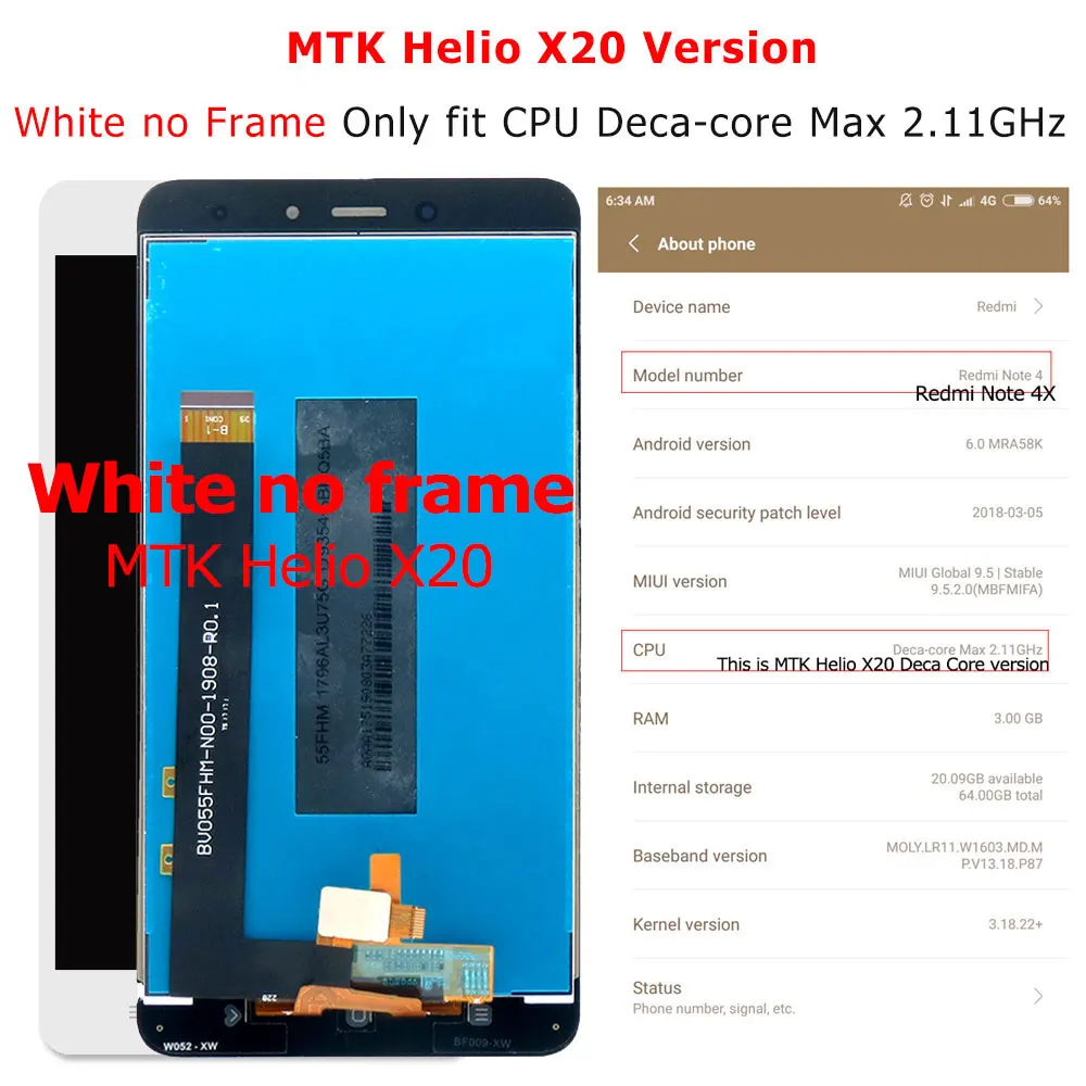 Экран на Xiaomi Redmi Note 4 ЖК-дисплей с сенсорным экраном дигитайзер в сборе для дисплей Xiaomi Redmi Note 4X экран Рамка запасных частей - Цвет: MTK White