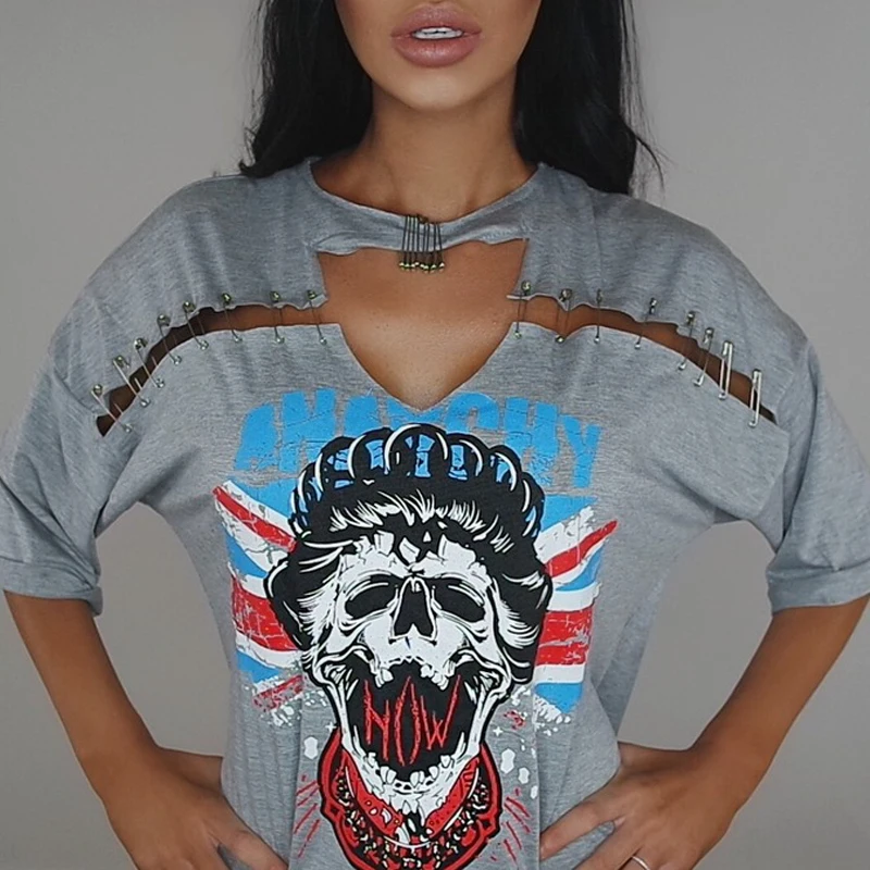 Женская сексуальная Длинная футболка с v образным вырезом в стиле панк новинка 2019