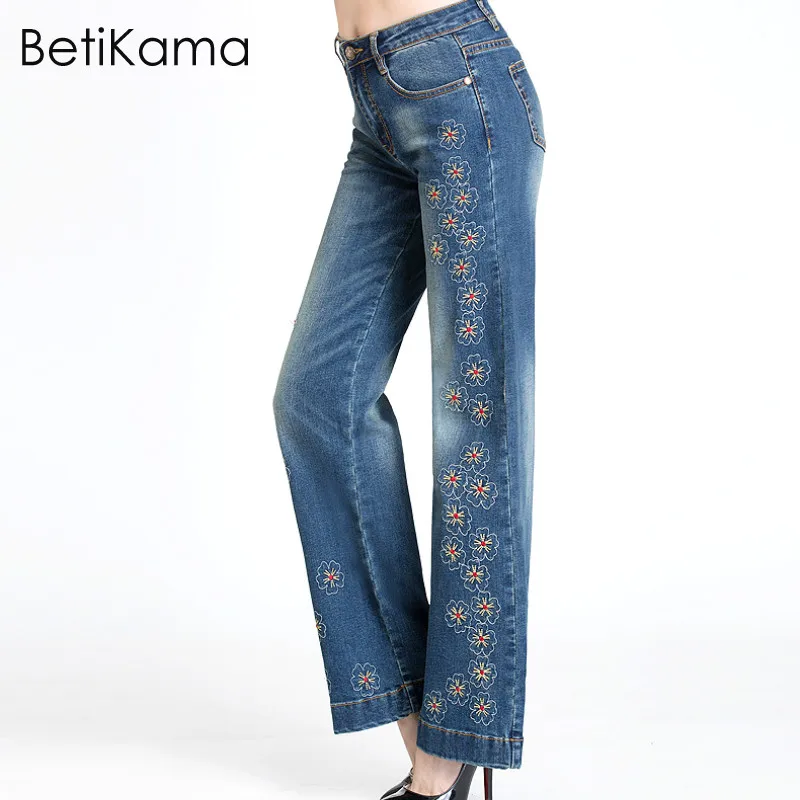BetiKama S-6XL стрейч деним Женские джинсы с вышивкой 2018 винтажные повседневные Прямые