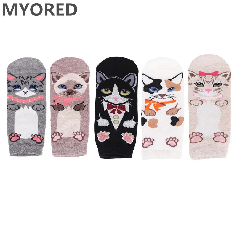 

MYORED 5pairs female fashion sexy socks slippers women cartoon animal cart pattern cotton breathable causal dress socks for girl