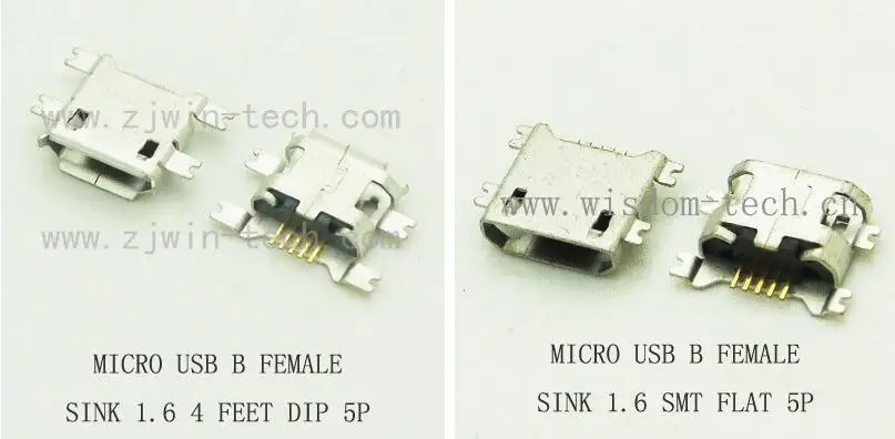 

1000PCS Micro USB Socket Phone Tail Charging Connector B Type Female Jack Board Sink 1.6 SMT 5Pin long pin 4FEET Warp/Flat Mouth