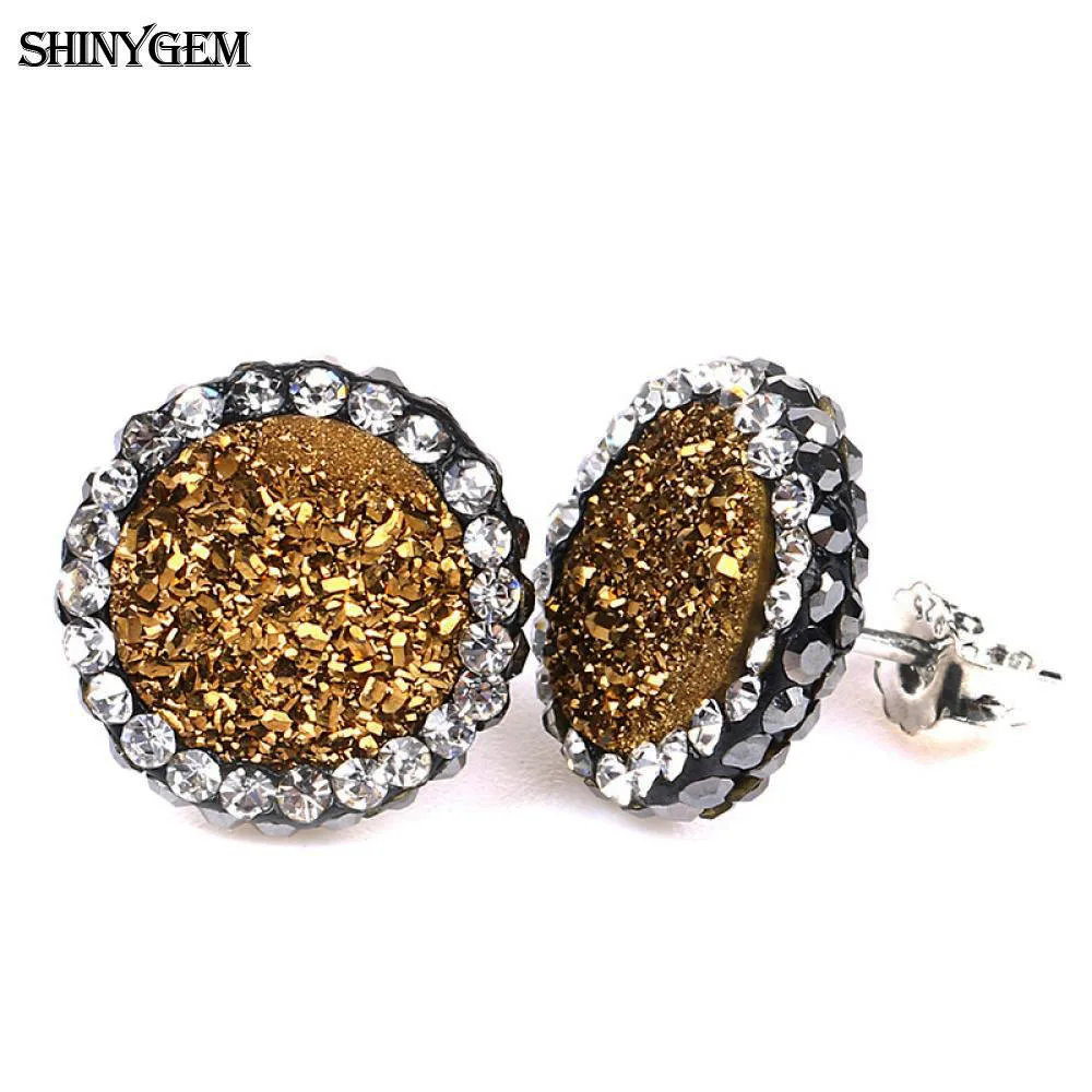 Gold Серьги ShinyGem с кубическим цирконием друзы, большие круглые серьги с натуральным кристаллом и опалом, модные 925 пробы серебряные серьги-гвоздики для женщин - Окраска металла: Gold