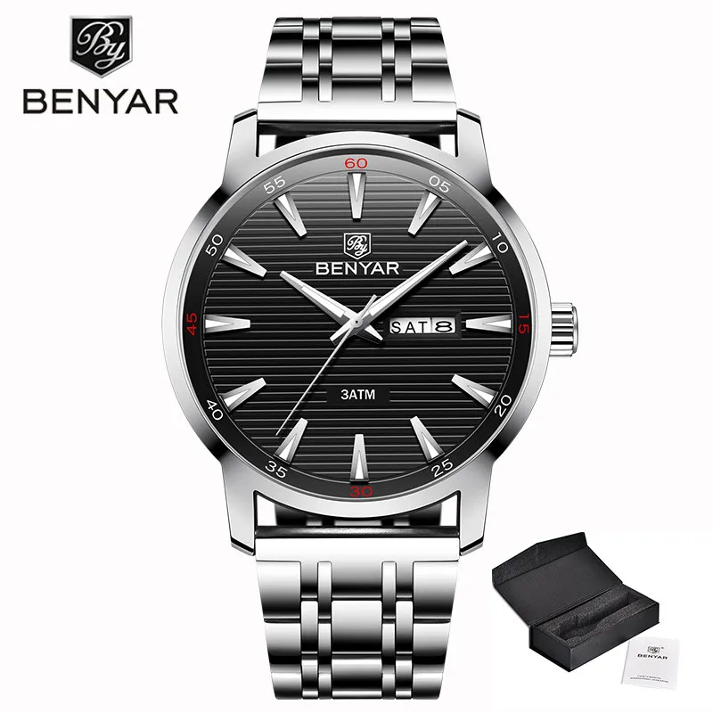 Silver Black S Новые мужские часы Топ бренд класса люкс BENYAR кварцевые наручные часы мужские модные повседневные кожаные часы Reloj Hombre светящиеся военные часы - Цвет: Silver Black S