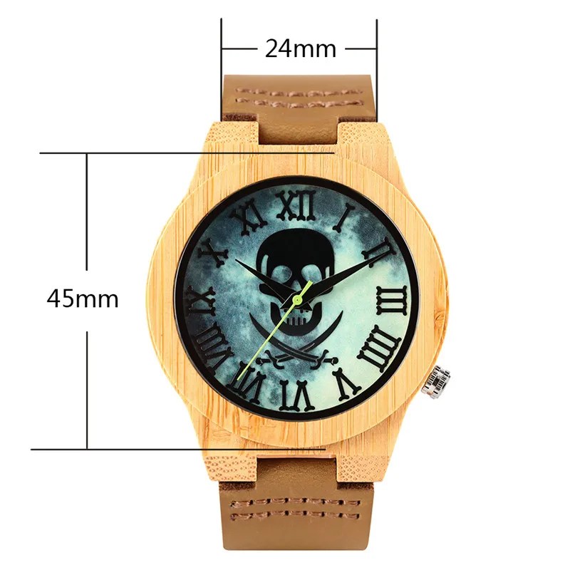 

2018 New Arrival Wooden Watches Cool Skull Luminous Roman Numbers Dial Quartz Watch for Men Fashion Casual Leather Wristwatch