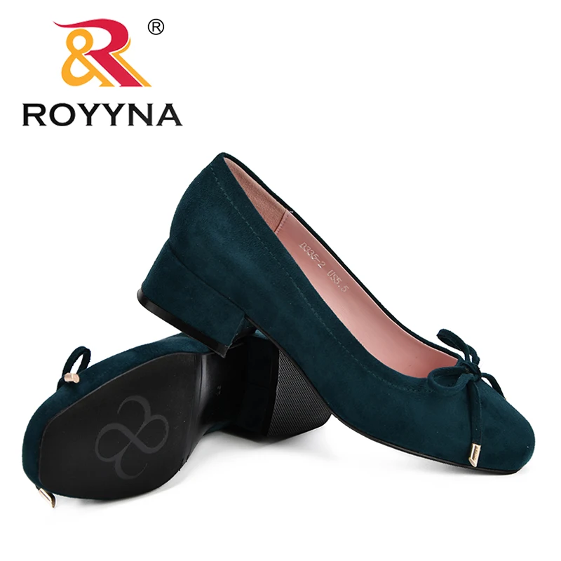 

ROYYNA 2019 High Heels Shoes Women Pumps Flock Single Woman Dress Shoes Thick Heels Round Toe Square Heels Female Pumps Comfy