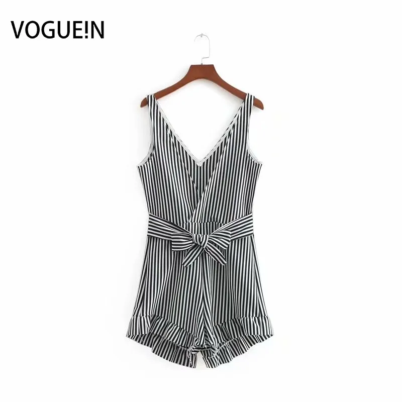 VOGUEIN Новый женский полосатый глубокий v-образный вырез без рукавов бант поясный