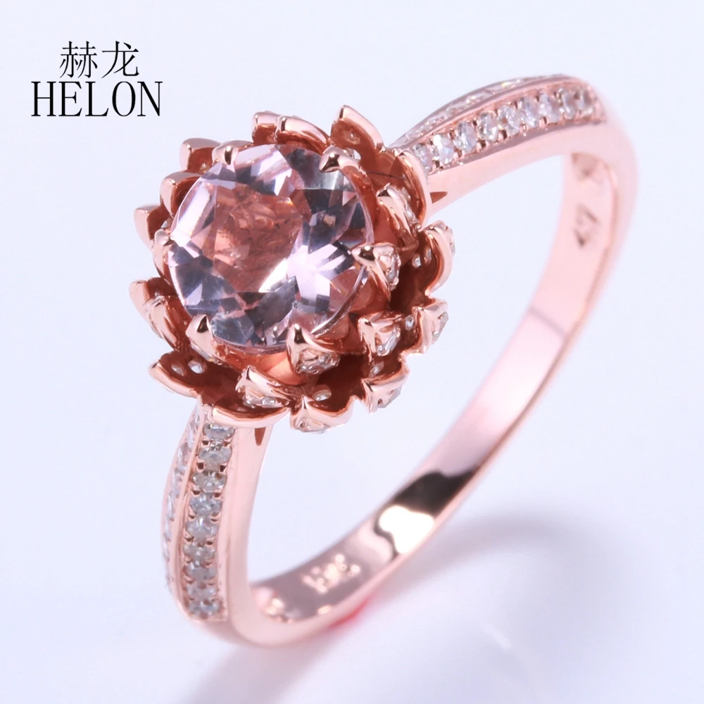 HELON, 6 мм, круглая огранка, натуральный морганит, твердый, 10 к, розовое золото, ПАВЕ, натуральные бриллианты, помолвка, свадебные украшения, цветок лотоса, кольцо