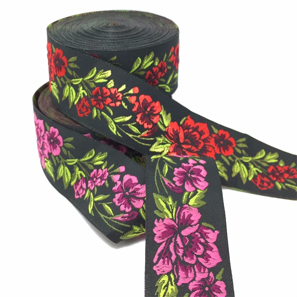 

ZERZEEMOOY 33mm 10 Yard/roll High quality Woven Jacquard Ribbon black background pink red and green flowers Hot diy lace strap