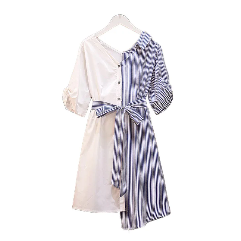 

PERHAPS U Asymmetrical Patchwork Sash 3/4 Sleeve Strip Sash Turn Down Collar Shirt Dress Summer Elegant Office Lady D0994