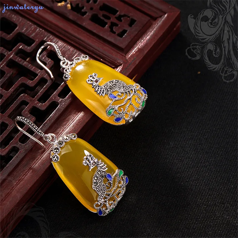 

Jinwateryu 925 sterling silve earringsr women girls drop earrings with yellow stone chalcedony and Cubic Zircon earrings