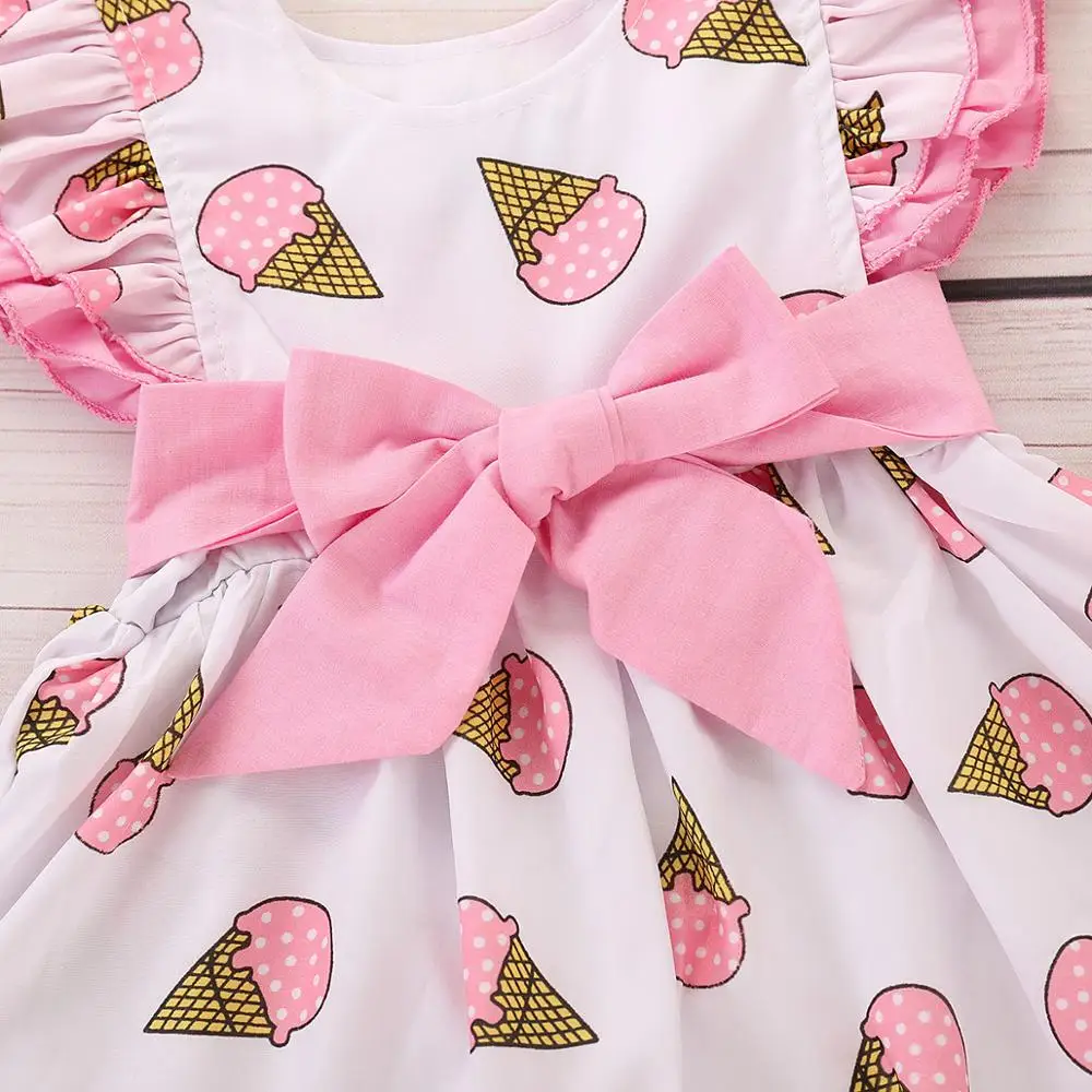 Toddler Baby Girls Sweet Cartoon Ice Cream Lace Dress Flare Short Sleeve Bow Summer Cute Sundress Clothes | Детская одежда и обувь