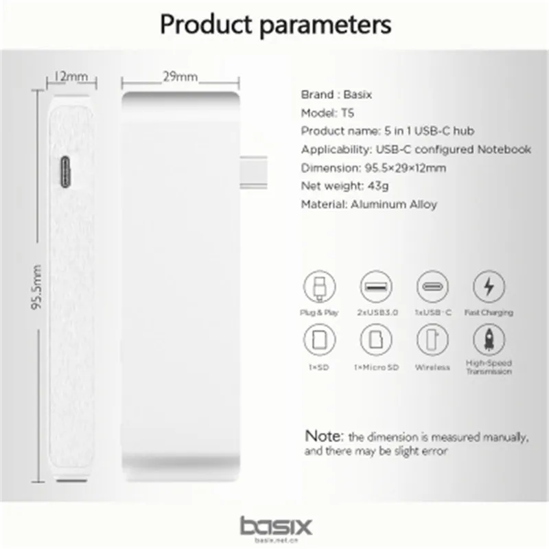 Basix USB C концентратора 5In1 USB 3,1 PD зарядки Порты и разъёмы высокое Скорость USB 3,0 разветвитель SD/TF Card Reader для Macbook Pro Тип C концентратора