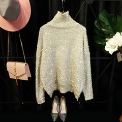 off white Cakucool, хит, золотые, с люрексом, вязаные топы, женский свитер с блестками, длинный рукав, водолазка, Повседневный, свободный, тонкий, джемперы, пуловер, свитер для девушек - Цвет: off white