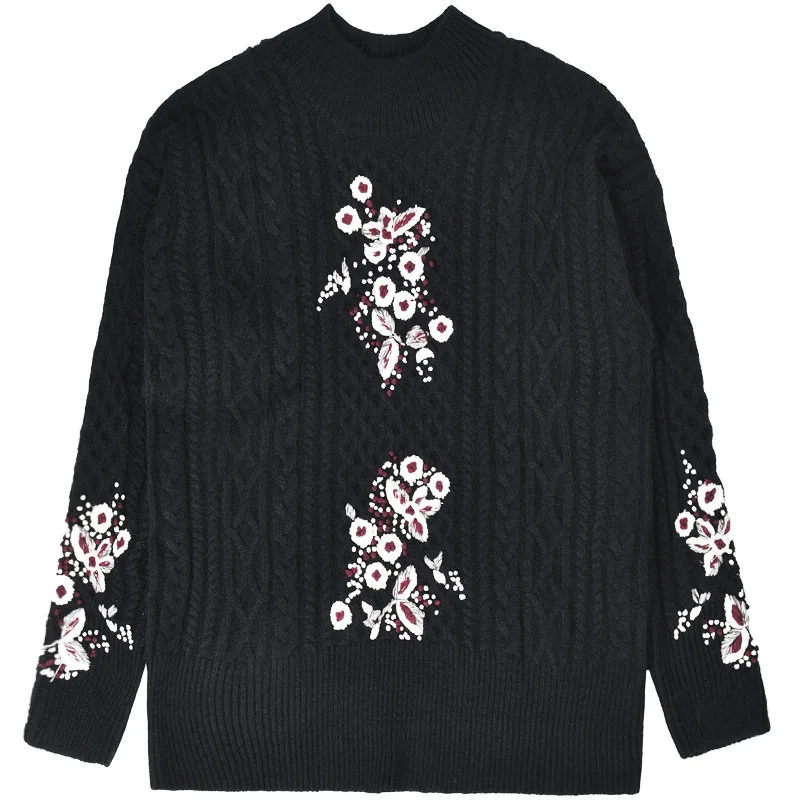 

New hand embroidered three dimensional knitted jacket round neck long sleeved sweater bottoming woman