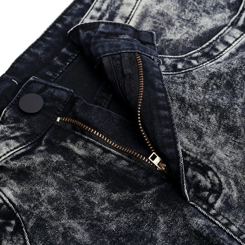 Мода Мужская Байкер Джинсы Брюки Slim Fit Плиссированные Мотоцикл Черный Серый