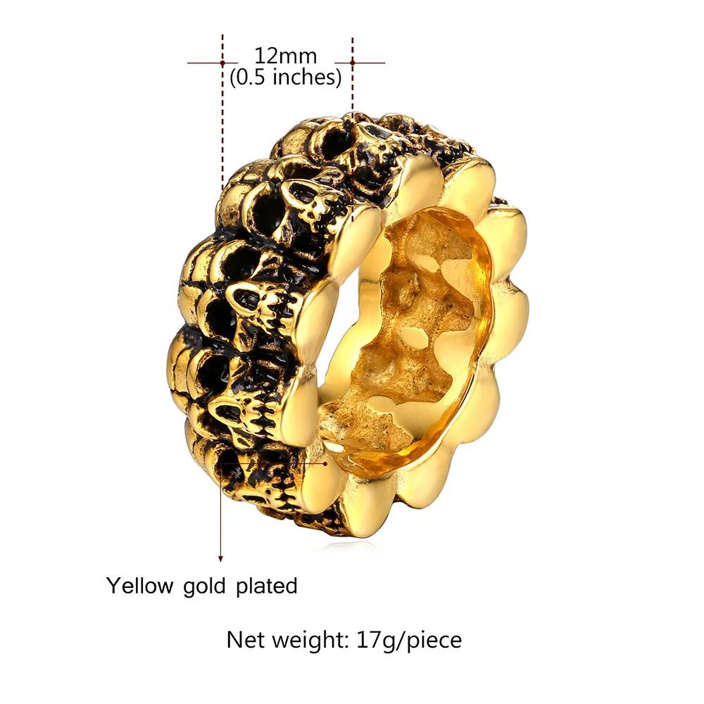 Мужское череп кольцо для панков Винтажное из нержавеющей стали 316L желтого золота