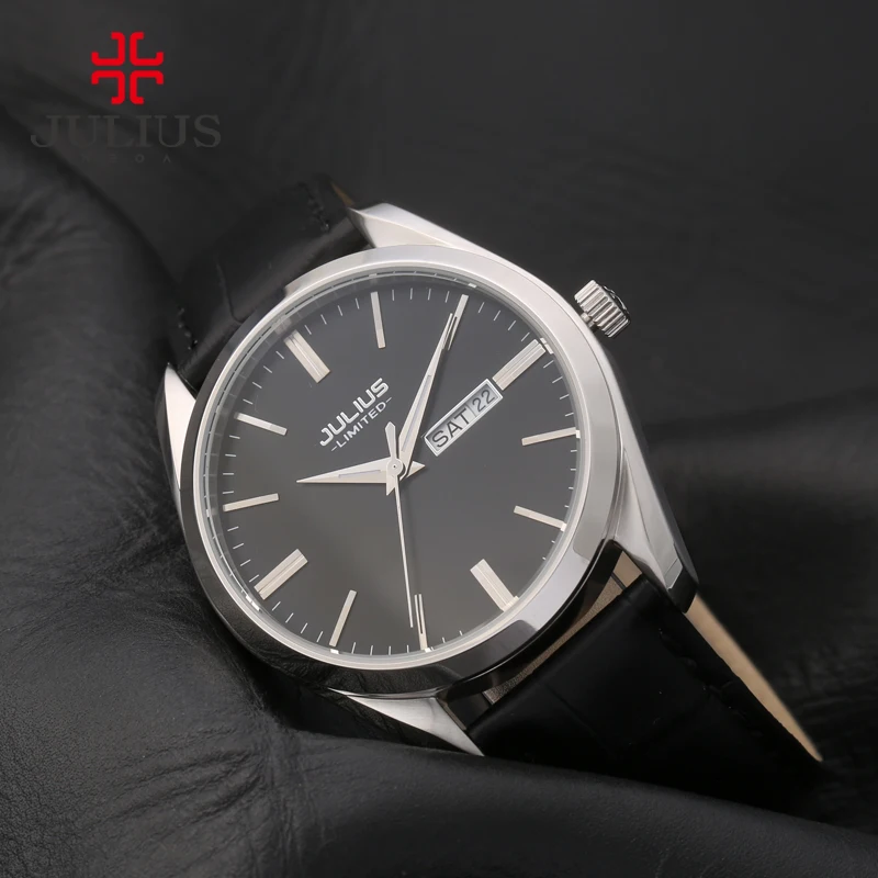 

JULIUS Brand Logo Classic Unisex Steel Leather Strap Auto Date Day Business Watch Men Silver Rose Gold Waterproof Whatch JAL-033