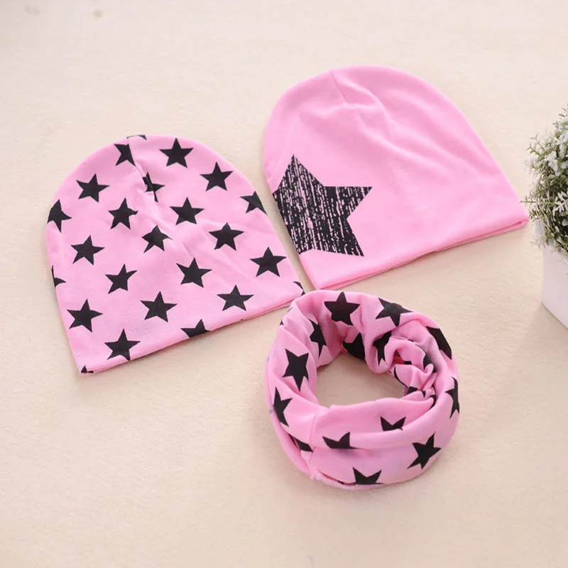 pink 3 шт./компл., хлопковая детская шапка, шарф, весенние детские шапки с принтом звезды, шарфы для мальчиков и девочек, теплая шапочка, комплект с воротником - Цвет: pink