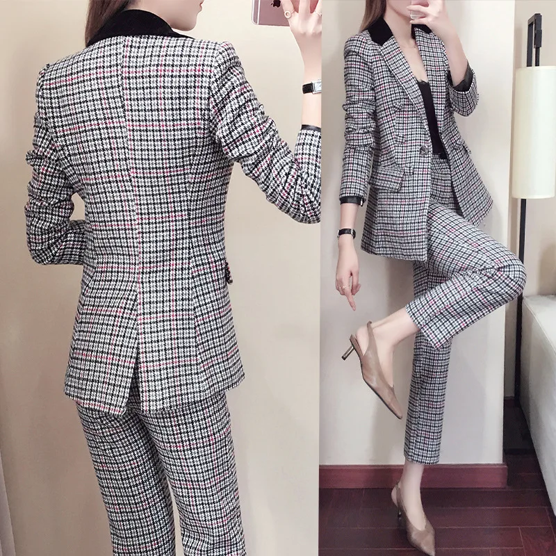 New 2019 Womens Two Piece Sets Tweed Set Lattice Outfit Plus Size Korean Version of Temperament Slim Thin Suit | Женская одежда