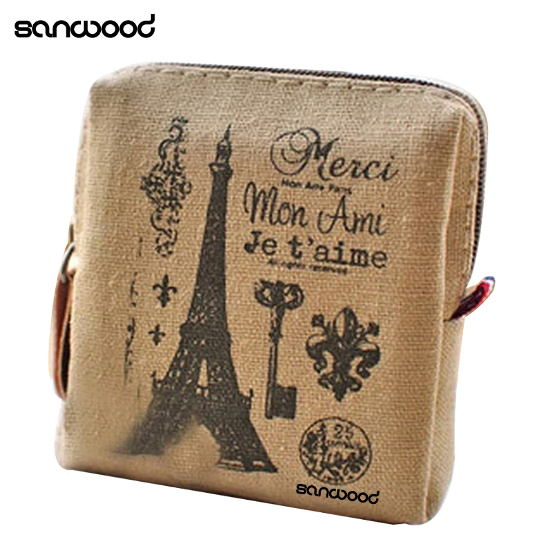 

Vintage Women Girl Linen Eiffel Tower Coin Purse Mini Wallet Card Holders