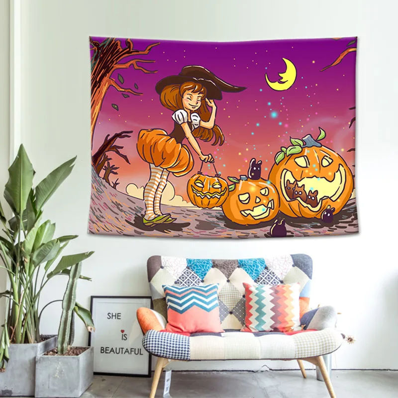 

CUSCOV New Halloween Party Tapestry Night Moon Microfiber Fabric Wall Hanging for Kid Decoration Black Bedlinen Pumpkin Sheet