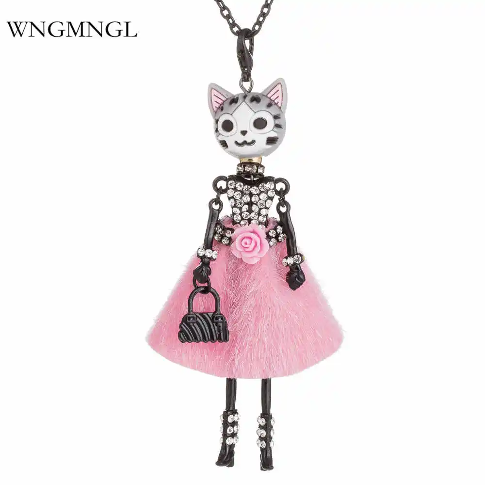 

WNGMNGL 2018 New Fashion Humanoid cat head Doll Pendants Necklace Long Chain Dress Jewelry For Women Kids Christmas Gift