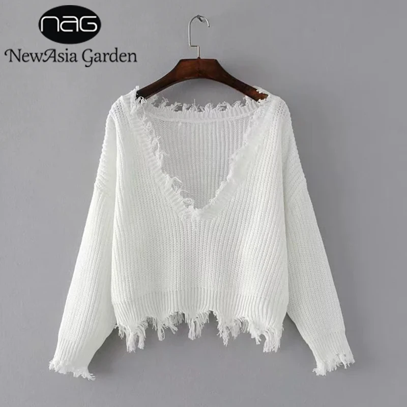 NewAsia Garden Sexy V Neck Loose Fit Sweater Autumn Spring Jumper Long Batwing Sleeve Tassel Winter Knitwear Pullover Outfits | Женская