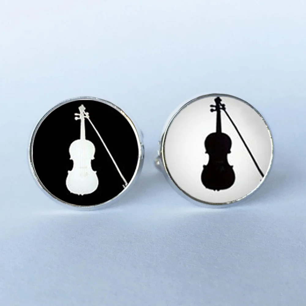 Скрипки запонки на заказ Черный и белый силуэт оркестр Скрипка|violin cufflinks|cufflinks