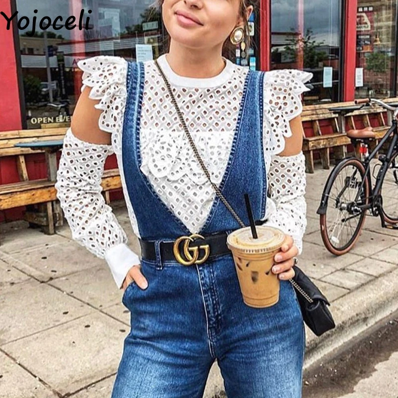Белая кружевная блузка Yojoceli с открытыми плечами Женская Осенняя Блузка оборками