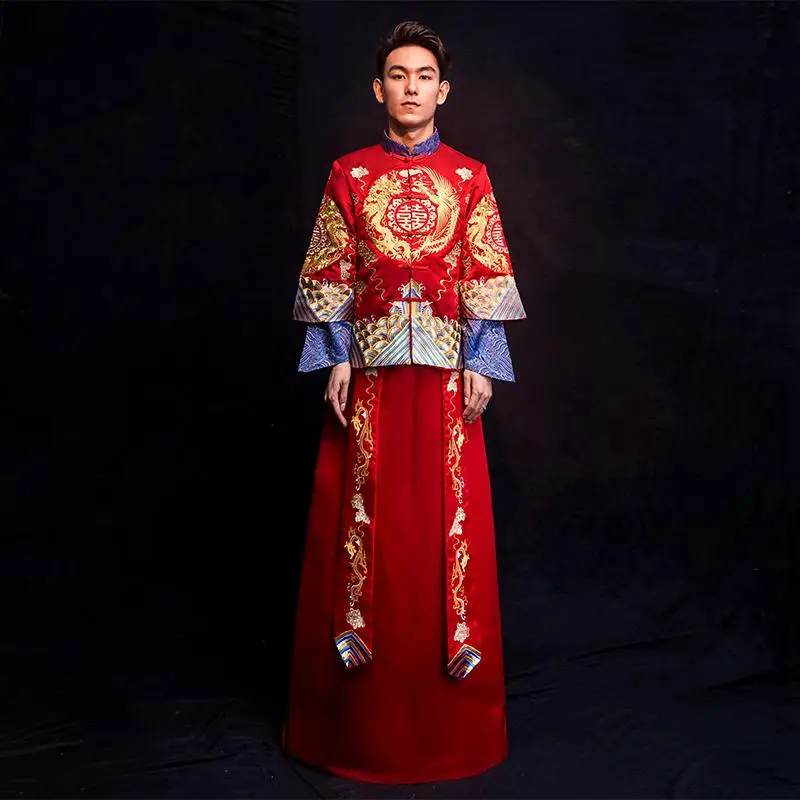 Элегантное платье в пол Cheongsam Красная Вышивка Феникс китайская невеста свадебное платье Vestidos традиционное цветочное Ципао - Цвет: Men Wear