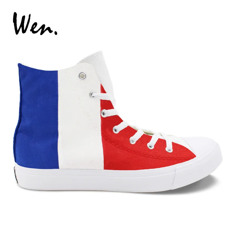 

Wen Colored Drawing Vulcanize Shoes France Flag Design Hand Painted Sneakers Blue White Red Stripes Painting Canvas Casual Flat