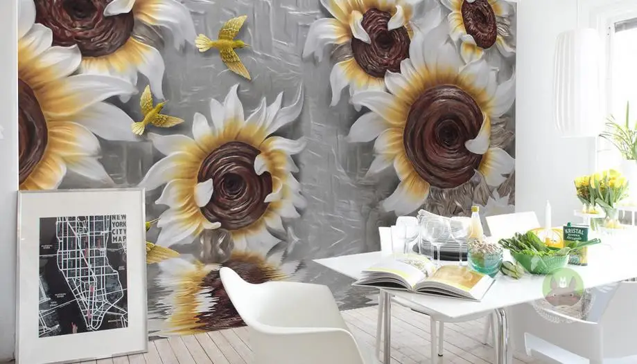 Пользовательские 3D Роскошные обои рельефные подсолнухи цветы богатые ТВ фон