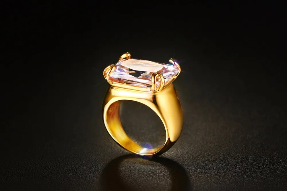 Vnox Luxury CZ Stone Ring for Women Square Zircon Rings Gold-color Stainless Steel