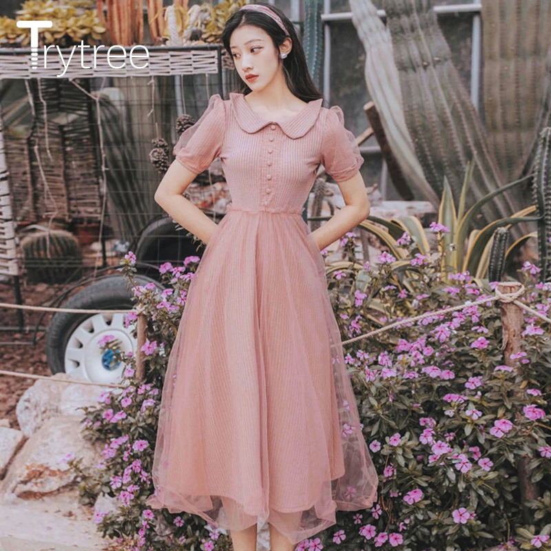 Женское Сетчатое платье рубашка Trytree повседневное офисное до середины икры с