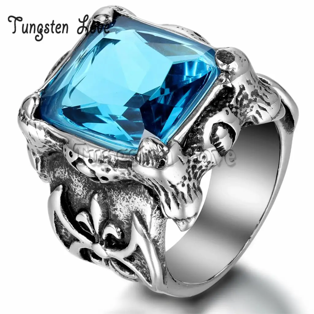 

Vintage Style Gothic Stainless Steel Cubic Zirconia Antique Rings Dragon Claw Biker Men Cocktail Ring Blue Color Stone