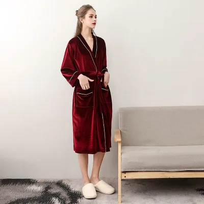 wine red woman Новые бархатные халаты для женщин и мужчин, Осенние Роскошные парные халаты размера плюс, одежда для сна, кимоно, халат для невесты и подружки невесты - Цвет: wine red woman