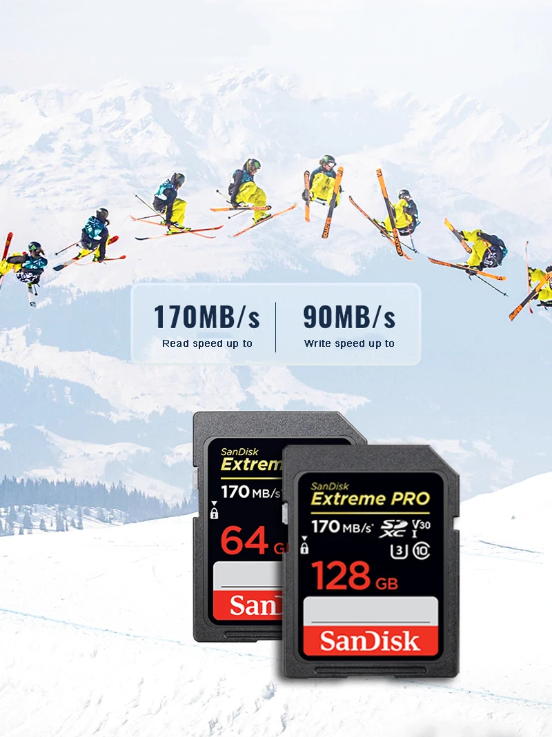 Двойной флеш-накопитель SanDisk SD Card Extreme Pro 170 МБ/с. SDHC/SDXC карты памяти 32 Гб 64 Гб 128 ГБ 256 C10 U3 V30 UHS-I в формате 4K UHD, Камера карты